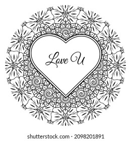 Mehndi flower with frame in shape of heart. decoration in ethnic oriental, doodle ornament.
