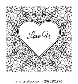 Flor de Mehndi con marco en forma de corazón. decoración étnica oriental, adorno de doodle.