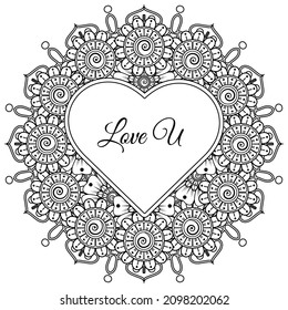 Flor de Mehndi con marco en forma de corazón. decoración étnica oriental, adorno de doodle.