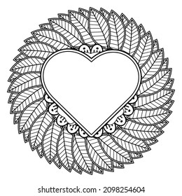 Mehndi flower with frame in shape of heart. decoration in ethnic oriental, doodle ornament.