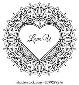 Mehndi flower with frame in shape of heart. decoration in ethnic oriental, doodle ornament.