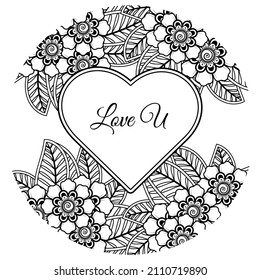 Mehndi flower with frame in shape of heart. decoration in ethnic oriental, doodle ornament.