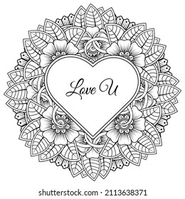Mehndi flower with frame in shape of heart. decoration in ethnic oriental, doodle ornament.