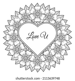 Mehndi flower with frame in shape of heart. decoration in ethnic oriental, doodle ornament.
