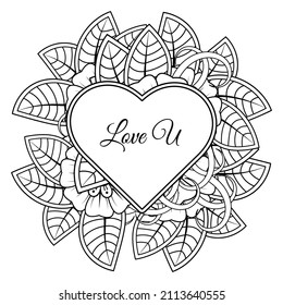 Flor de Mehndi con marco en forma de corazón. decoración étnica oriental, adorno de doodle.