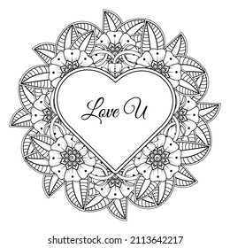 Mehndi flower with frame in shape of heart. decoration in ethnic oriental, doodle ornament.
