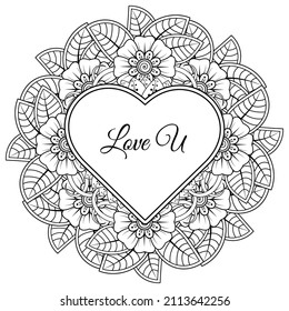 Mehndi flower with frame in shape of heart. decoration in ethnic oriental, doodle ornament.