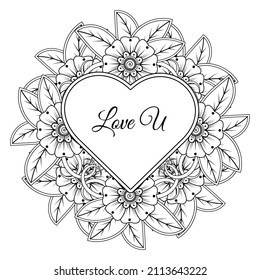 Mehndi flower with frame in shape of heart. decoration in ethnic oriental, doodle ornament.
