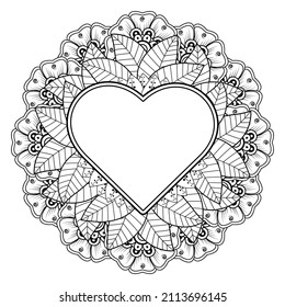 Flor de Mehndi con marco en forma de corazón. decoración étnica oriental, adorno de doodle.