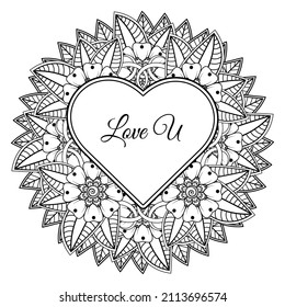 Mehndi flower with frame in shape of heart. decoration in ethnic oriental, doodle ornament.