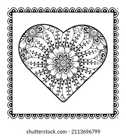 Mehndi flower with frame in shape of heart. decoration in ethnic oriental, doodle ornament.