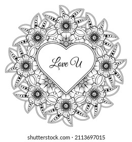 Mehndi Blume mit Rahmen in Form von Herz. Dekoration im orientalischen Ethnisch-Dodle-Ornament.