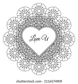 Mehndi flower with frame in shape of heart. decoration in ethnic oriental, doodle ornament.