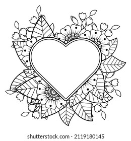 Mehndi flower with frame in shape of heart. decoration in ethnic oriental, doodle ornament.