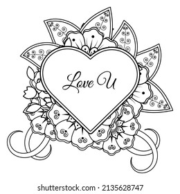 Mehndi flower with frame in shape of heart. decoration in ethnic oriental, doodle ornament.