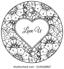 Mehndi flower with frame in shape of heart. decoration in ethnic oriental, doodle ornament.