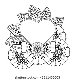 Flor de Mehndi com moldura em forma de coração. decoração em oriental étnico, ornamento de rabiscar.