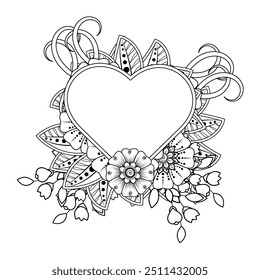 Mehndi flower with frame in shape of heart. decoration in ethnic oriental, doodle ornament.
