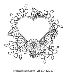 Flor de Mehndi con marco en forma de corazón. decoración en ornamento étnico oriental, doodle.
