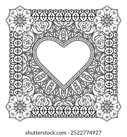 Mehndi flower with frame in shape of heart. decoration in ethnic oriental, doodle ornament.