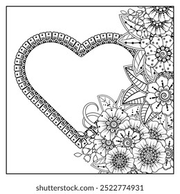 Mehndi flower with frame in shape of heart. decoration in ethnic oriental, doodle ornament.