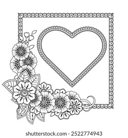 Flor de Mehndi con marco en forma de corazón. decoración en ornamento étnico oriental, doodle.