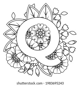 Mehndi flower for henna, mehndi, tattoo, decoration. decorative ornament in ethnic oriental style. doodle ornament. outline hand draw illustration. coloring book page.