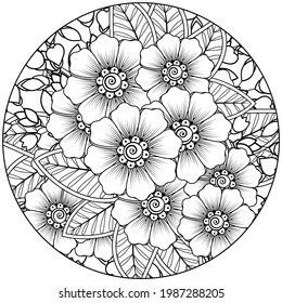 Mehndi flower for henna, mehndi, tattoo, decoration. decorative ornament in ethnic oriental style. doodle ornament. outline hand draw illustration. coloring book page.