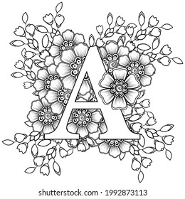 Mehndi flower for henna, mehndi, tattoo, decoration. decorative ornament in ethnic oriental style. doodle ornament. outline hand draw illustration. coloring book page.