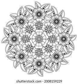 Mehndi flower for henna, mehndi, tattoo, decoration. decorative ornament in ethnic oriental style. doodle ornament. coloring book page.