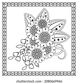 Mehndi flower for henna, mehndi, tattoo, decoration. Decorative ornament in ethnic oriental style, doodle ornament, outline hand draw. Coloring book page.