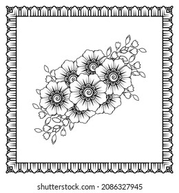 Mehndi flower for henna, mehndi, tattoo, decoration. Decorative ornament in ethnic oriental style, doodle ornament, outline hand draw. Coloring book page.