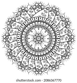 Mehndi flower for henna, mehndi, tattoo, decoration. Decorative ornament in ethnic oriental style, doodle ornament, outline hand draw. Coloring book page.