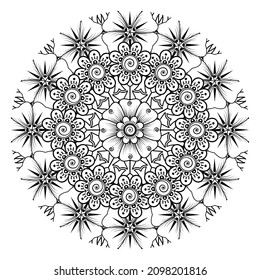 Mehndi flower for henna, mehndi, tattoo, decoration. Decorative ornament in ethnic oriental style, doodle ornament, outline hand draw. Coloring book page.