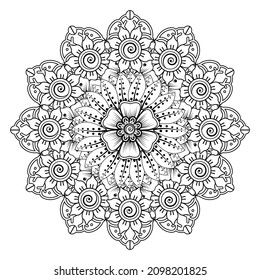 Mehndi flower for henna, mehndi, tattoo, decoration. Decorative ornament in ethnic oriental style, doodle ornament, outline hand draw. Coloring book page.