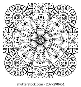 Mehndi flower for henna, mehndi, tattoo, decoration. Decorative ornament in ethnic oriental style, doodle ornament, outline hand draw. Coloring book page.