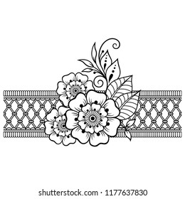 Mehndi flower pattern and border for Henna drawing and tattoo. Decoration in ethnic oriental, Indian style.