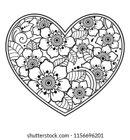 Mehndi flower pattern in form of heart with lotus for Henna drawing and tattoo. Decoration in ethnic oriental, Indian style. Coloring book page.