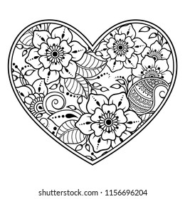 Mehndi flower pattern in form of heart with lotus for Henna drawing and tattoo. Decoration in ethnic oriental, Indian style. Coloring book page.