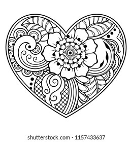 Mehndi flower pattern in form of heart with lotus for Henna drawing and tattoo. Decoration in ethnic oriental, Indian style. Coloring book page.