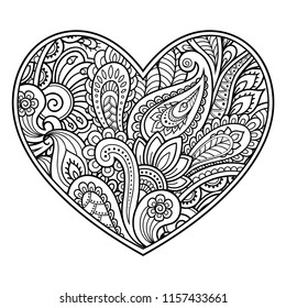 Mehndi flower pattern in form of heart with lotus for Henna drawing and tattoo. Decoration in ethnic oriental, Indian style. Coloring book page.