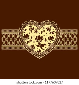 Mehndi flower pattern in form of heart and border for Henna drawing and tattoo. Decoration in ethnic oriental, Indian style.