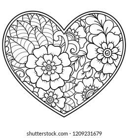 Mehndi flower pattern in form of heart for Henna drawing and tattoo. Decoration in ethnic oriental, Indian style. Coloring book page.