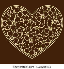 Mehndi flower pattern in form of heart for Henna drawing and tattoo. Decoration in ethnic oriental, Indian style. Coloring book page.