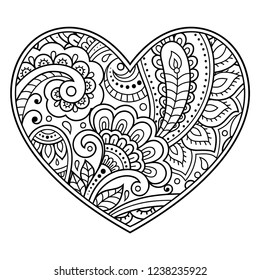 Mehndi flower pattern in form of heart for Henna drawing and tattoo. Decoration in ethnic oriental, Indian style. Coloring book page.