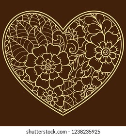 Mehndi flower pattern in form of heart for Henna drawing and tattoo. Decoration in ethnic oriental, Indian style. Coloring book page.