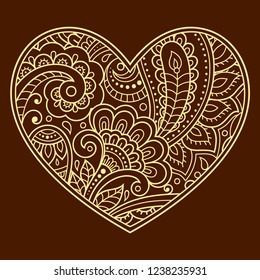 Mehndi flower pattern in form of heart for Henna drawing and tattoo. Decoration in ethnic oriental, Indian style. Coloring book page.