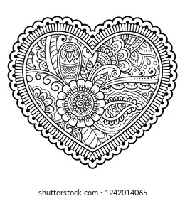 Mehndi flower pattern in form of heart for Henna drawing and tattoo. Decoration in ethnic oriental, Indian style. Coloring book page.