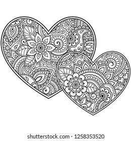Mehndi flower pattern in form of heart for Henna drawing and tattoo. Decoration in ethnic oriental, Indian style. Valentine's day greetings. Coloring book page.
