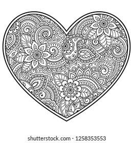 Mehndi flower pattern in form of heart for Henna drawing and tattoo. Decoration in ethnic oriental, Indian style. Valentine's day greetings. Coloring book page.